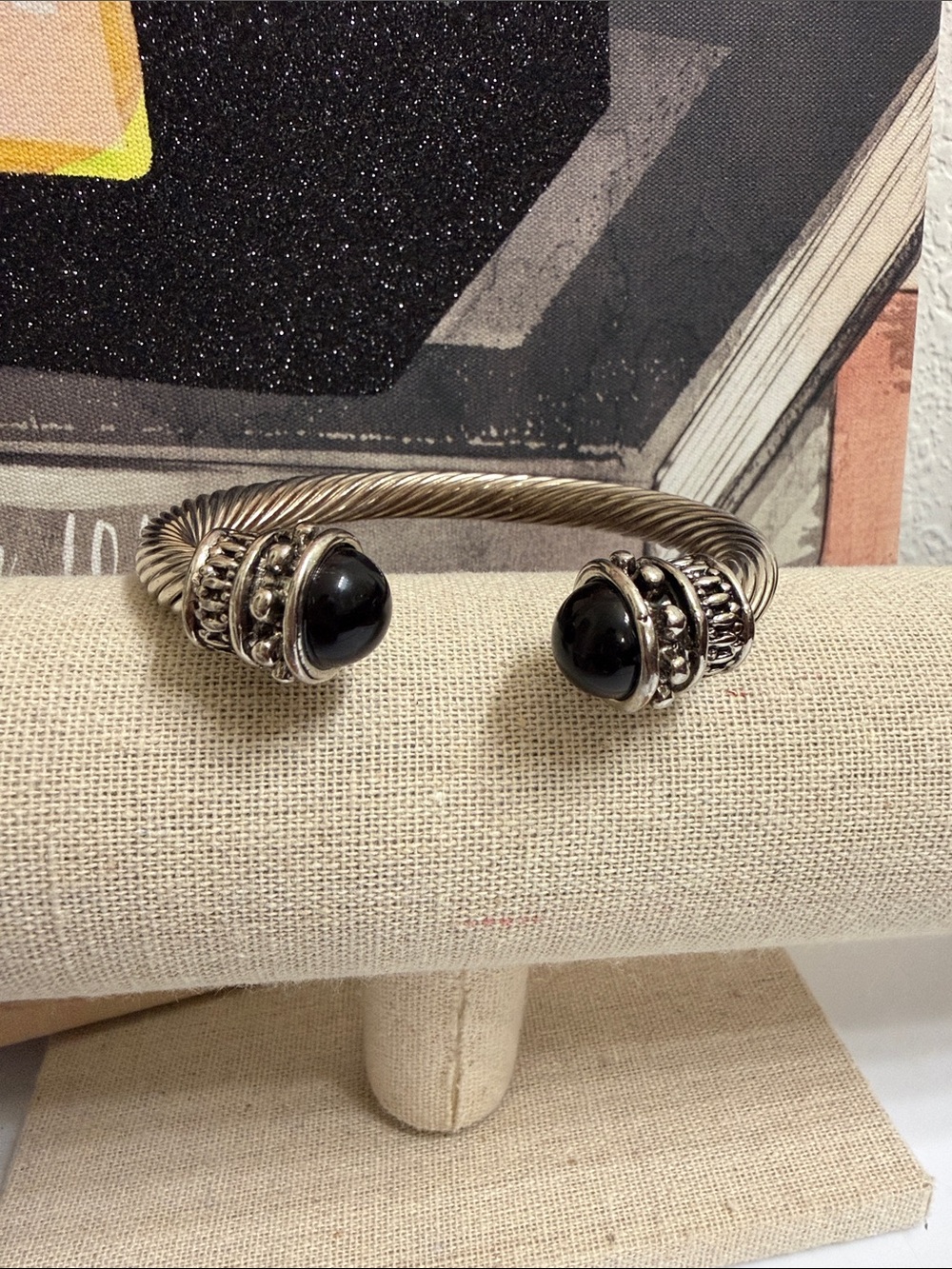 Silver-Tone Black Stone Cable Cuff Bracelet